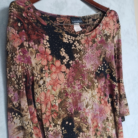 Women’s Y2K Floral Top XL Slinky Knit 3/4 Sleeve Scoop Neck Retro Boho Blouse - Picture 3 of 9